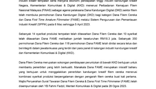 24 SYARIKAT PRODUKSI TEMPATAN TERIMA TAWARAN DANA KANDUNGAN DIGITAL (DKD) DALAM USAHA BERTERUSAN MENERBITKAN KANDUNGAN KREATIF BERKUALITI TINGGI